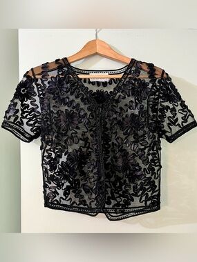 Valenti sheer black bolero shrug ribbon floral designs and beading short sleeve